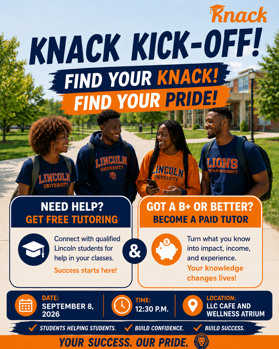 Knack Kick-Off flyer September 8, 2026 in the LLC Cafe and the Wellness Atrium