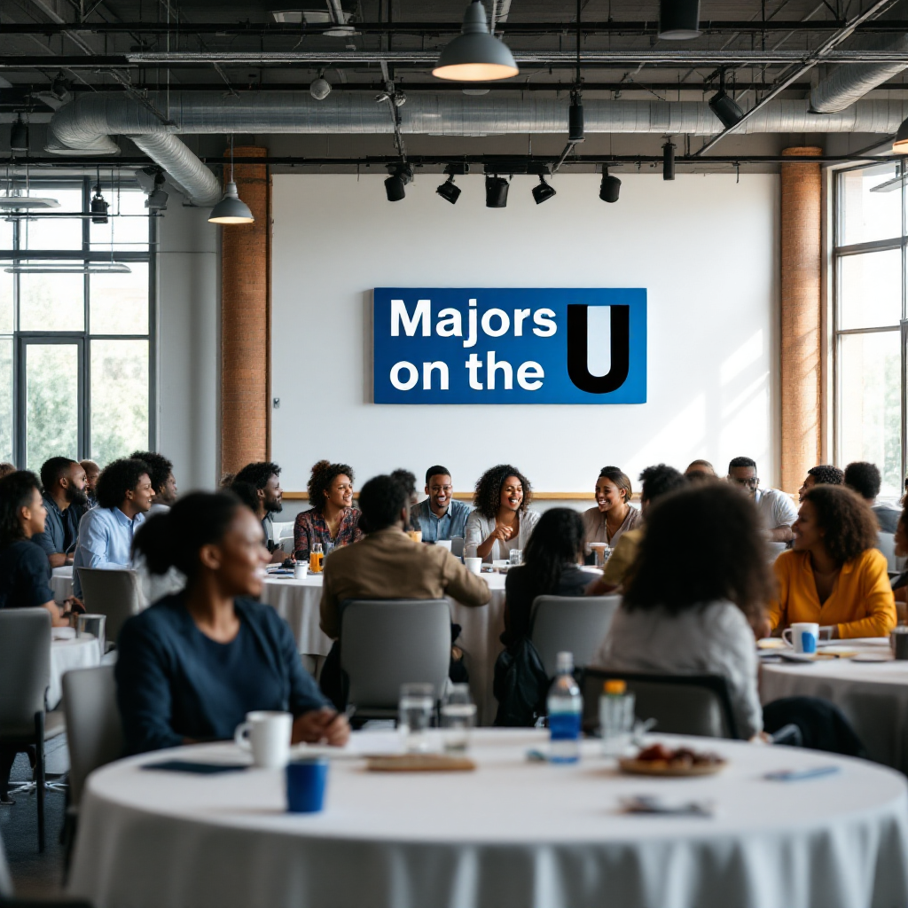 students at an event sitting at round tables