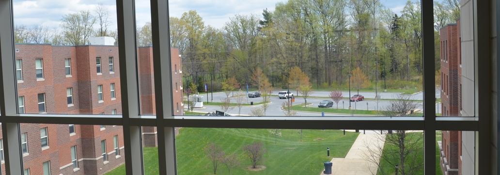 View out the window from a campus building