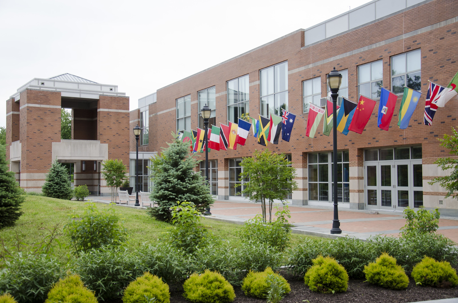 International flags hanging on building