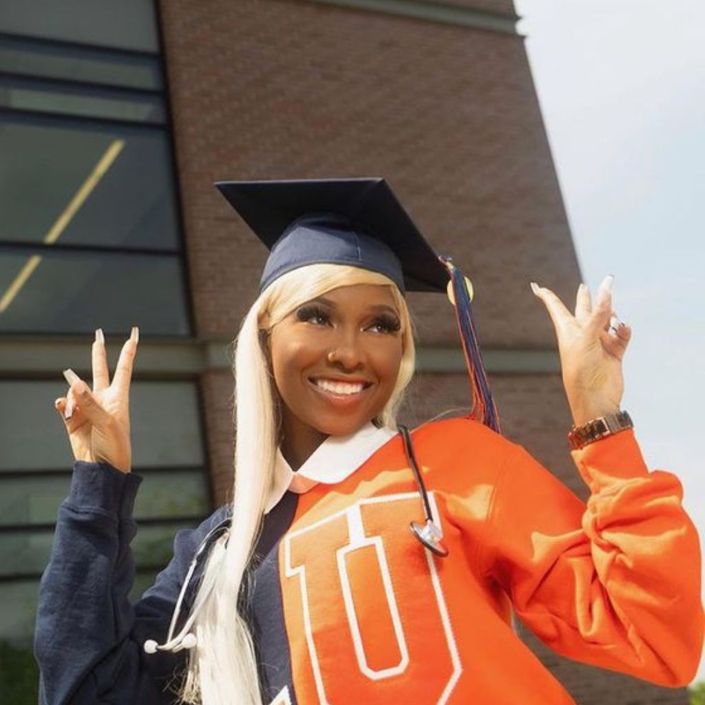 a female student with a graduation cap on