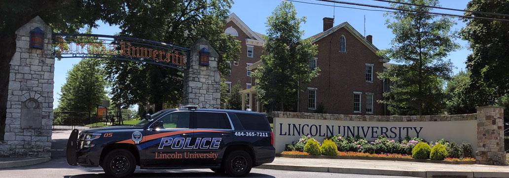 Lincoln University Police vehicle in front of main entrance