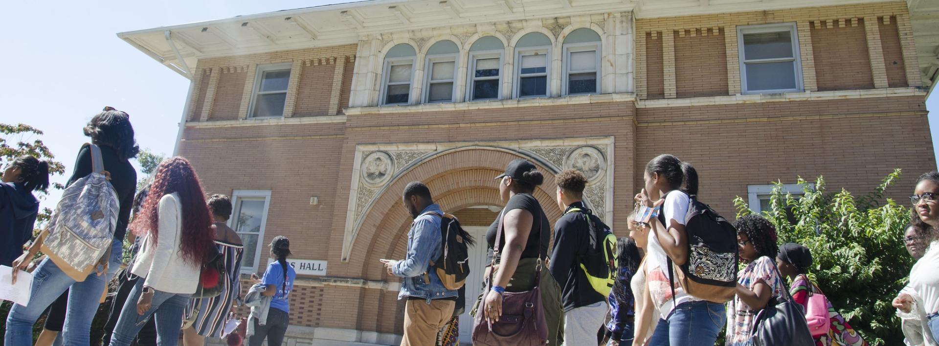 students going to class