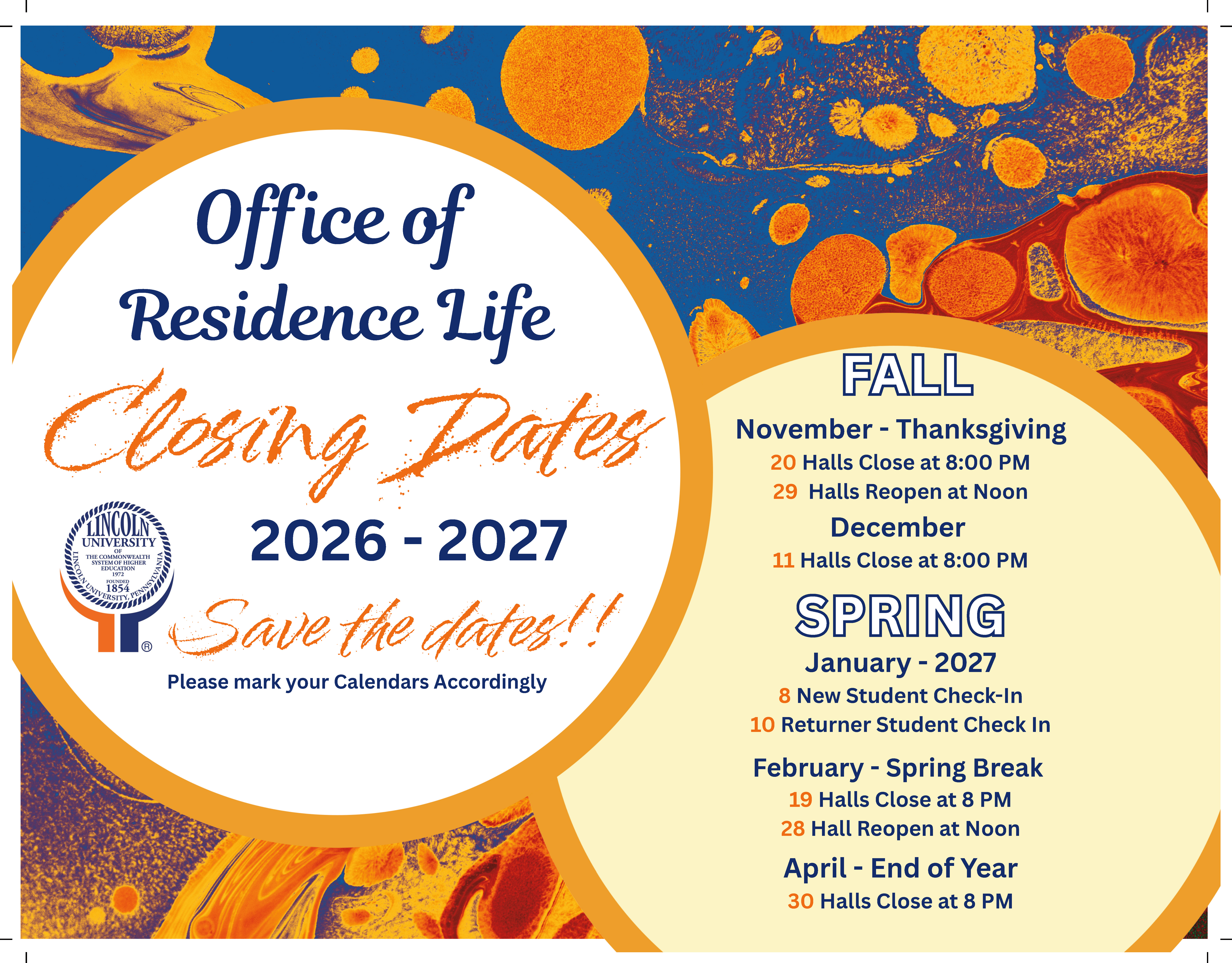 Residence Life Open Close Dates Fall 2026 graphic