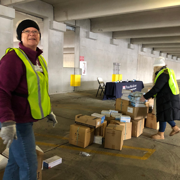 Chester County Hospital and Penn Medicine staff accept donated personal protective equipment from Lincoln University on March 24, 2020./ courtesy photo