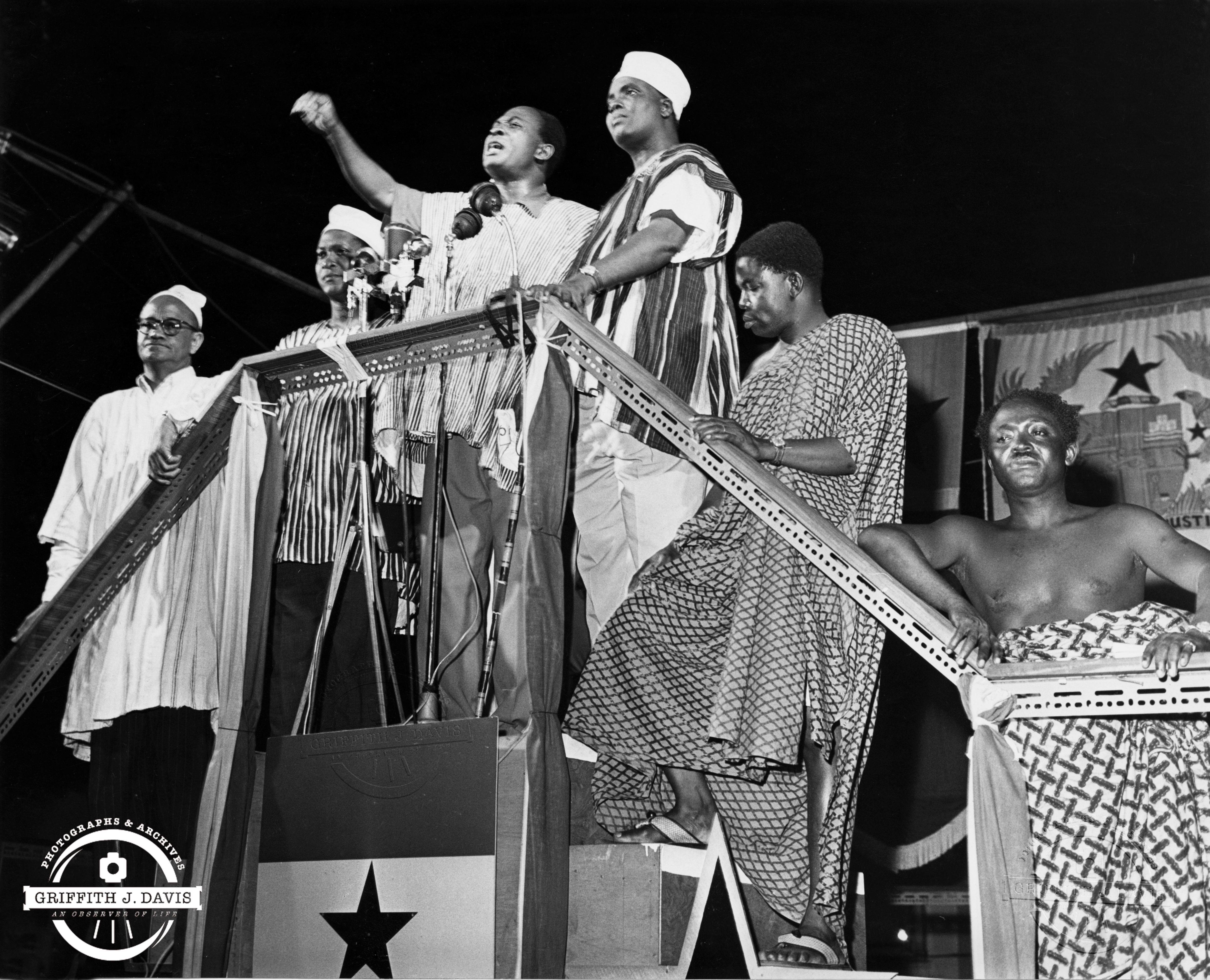 Credits: Photo by Griff Davis, Prime Minister Kwame Nkrumah raising fist the moment Ghana became independent from Great Britain, March 6, 1957, courtesy of Griffith J. Davis Photographs and Archives